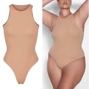 SKIMS Womens Size Medium High Neck Thong Bodysuit‎ Ochre Tan NWOT